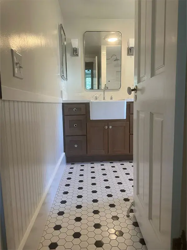 Bathroom project by Barron's Flooring & Home in Sutter Creek, CA featuring Canyon Creek Stained alder vanity cabinets, Octagon dot mosaic tile