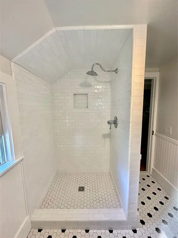 Bathroom project by Barron's Flooring & Home in Sutter Creek, CA featuring Subway porcelain tile, Hexagon mosaic porcelain tile, Hexagon dot mosaic tile