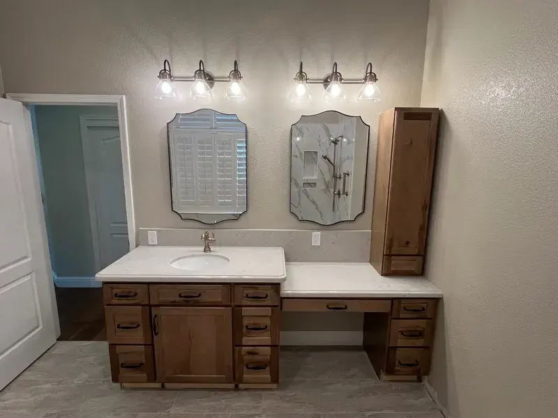 Bathroom project by Barron's Flooring & Home in Loomis, CA featuring Happy Floors Dorian polished 24×48 tile, Happy Floors Dorian polished 2×2 tile, Emser Milestone Dust 12×24 tile