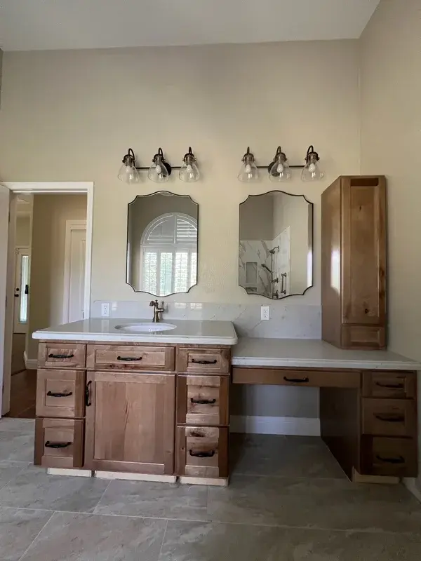 Bathroom project by Barron's Flooring & Home in Loomis, CA featuring Happy Floors Dorian polished 24×48 tile, Happy Floors Dorian polished 2×2 tile, Emser Milestone Dust 12×24 tile