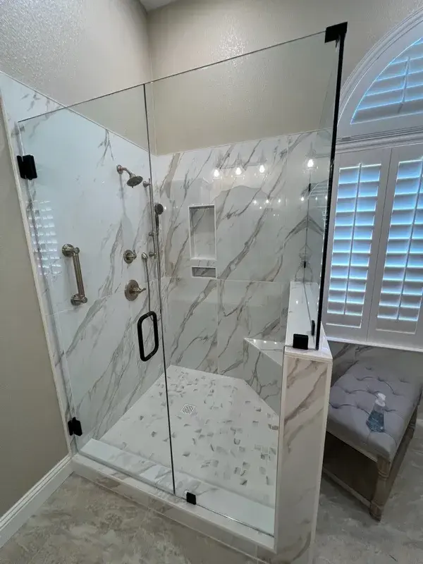 Bathroom project by Barron's Flooring & Home in Loomis, CA featuring Happy Floors Dorian polished 24×48 tile, Happy Floors Dorian polished 2×2 tile, Emser Milestone Dust 12×24 tile
