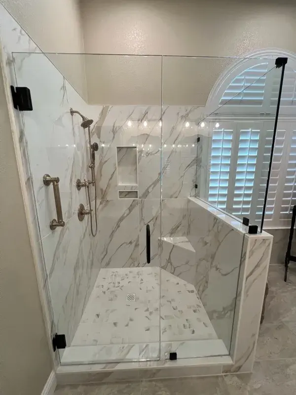 Bathroom project by Barron's Flooring & Home in Loomis, CA featuring Happy Floors Dorian polished 24×48 tile, Happy Floors Dorian polished 2×2 tile, Emser Milestone Dust 12×24 tile