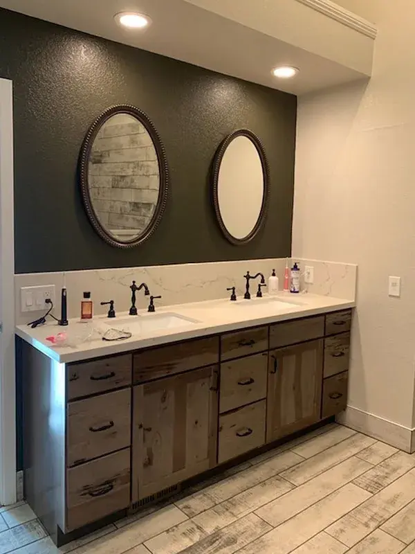 Bathroom project by Barron's Flooring & Home in Placerville, CA featuring Canyon Creek Rustic hickory cabinets, Quartz countertop, Surface Art Wood-look tile planks