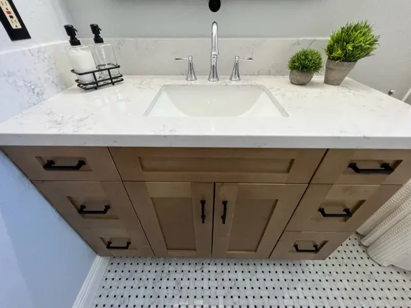 Bathroom project by Barron's Flooring & Home in Valley Springs, CA featuring Carrara polished marble subway tile, Bianco Carrara/Nero dot polished mosaic, Bianco Carrara/Nero dot polished mosaic