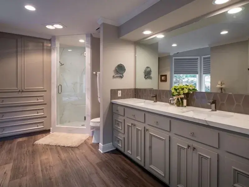 Bathroom project by Barron's Flooring & Home in Pine Grove, CA featuring Quartz countertop, Marble-look porcelain tile, Porcelain tile