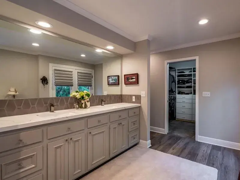 Bathroom project by Barron's Flooring & Home in Pine Grove, CA featuring Quartz countertop, Porcelain mosaic tile, Porcelain tile
