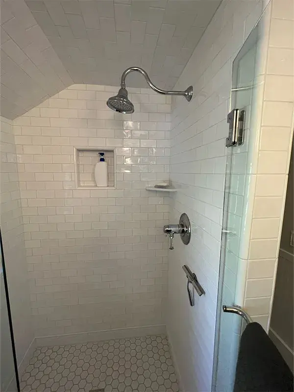 Bathroom project by Barron's Flooring & Home in Sutter Creek, CA featuring Subway porcelain tile, Hexagon mosaic porcelain tile