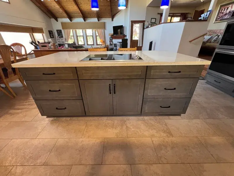 Kitchen project by Barron's Flooring & Home in Sutter Creek, CA featuring Kemper Maple cabinets, Marimac door, Colt stain, MSI Cashmere Taj 2cm quartz, Surface Art Parkside subway tile, beige, 2.5×8