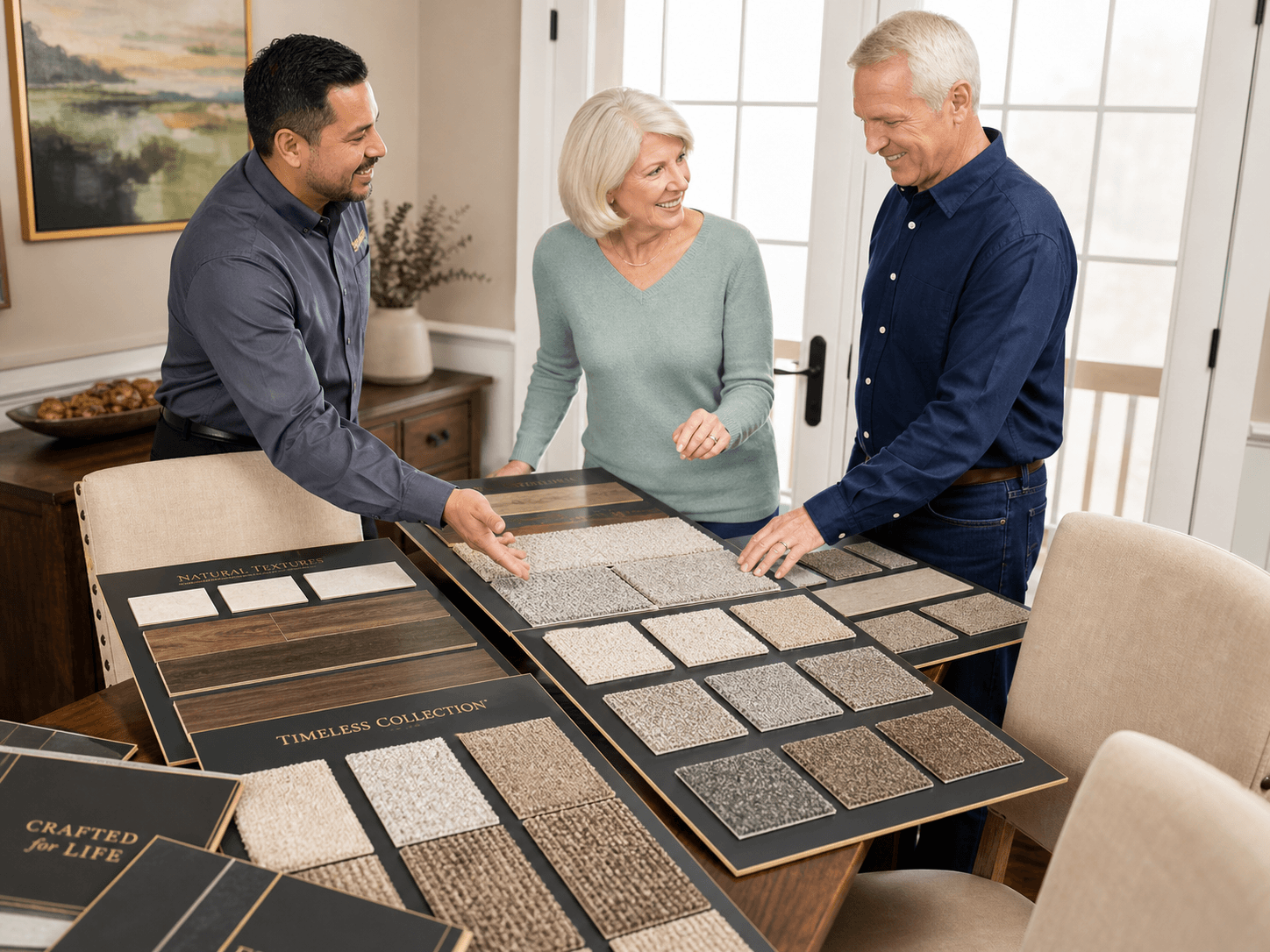 Barron's flooring expert showing carpet and hardwood samples to homeowners