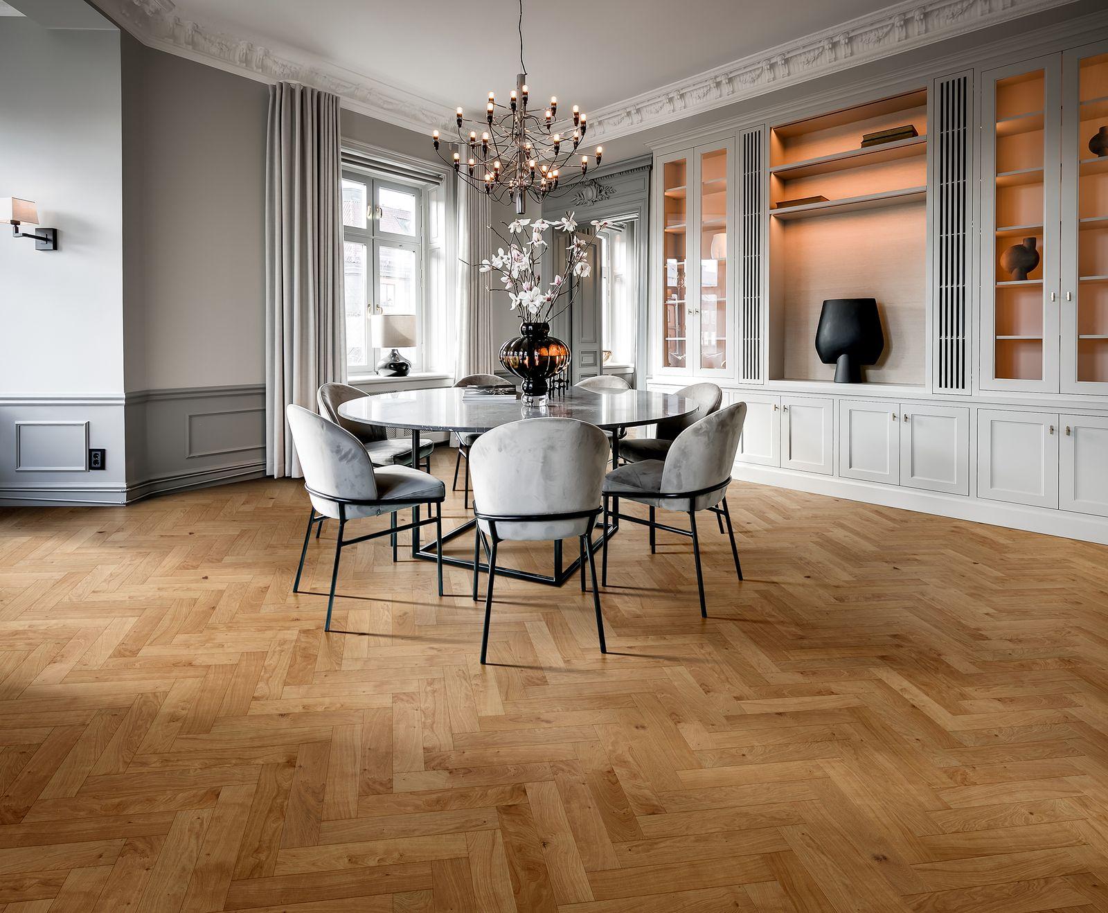 Kährs Oak Herringbone engineered hardwood in a formal dining room